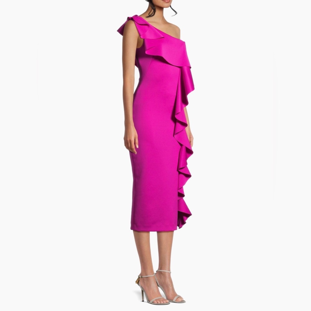 One-Shoulder Fuchsia Ruffle Midi Dress